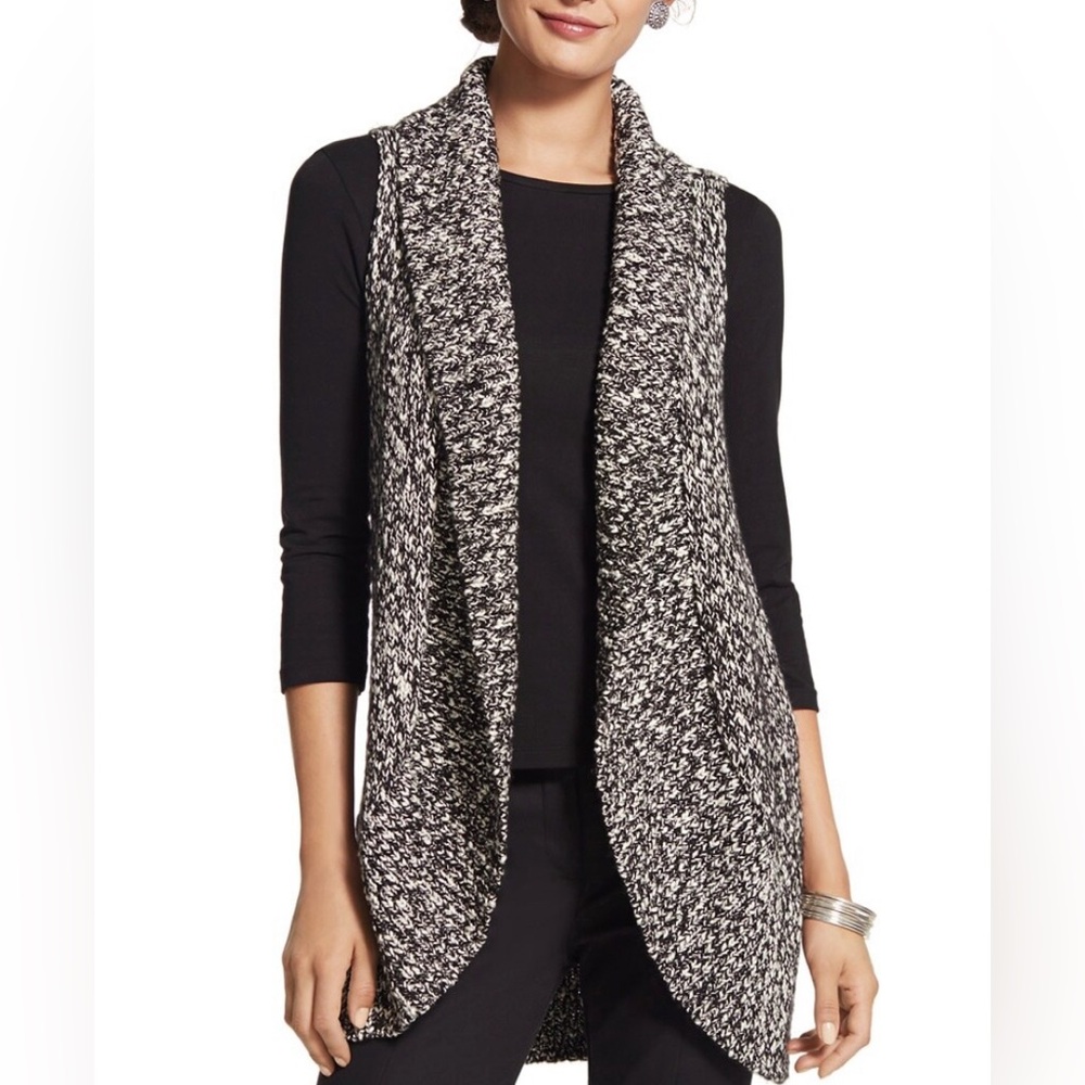 Chico’s Tris Tweed Sweater Vest Black White Knit Open Size 1 Medium